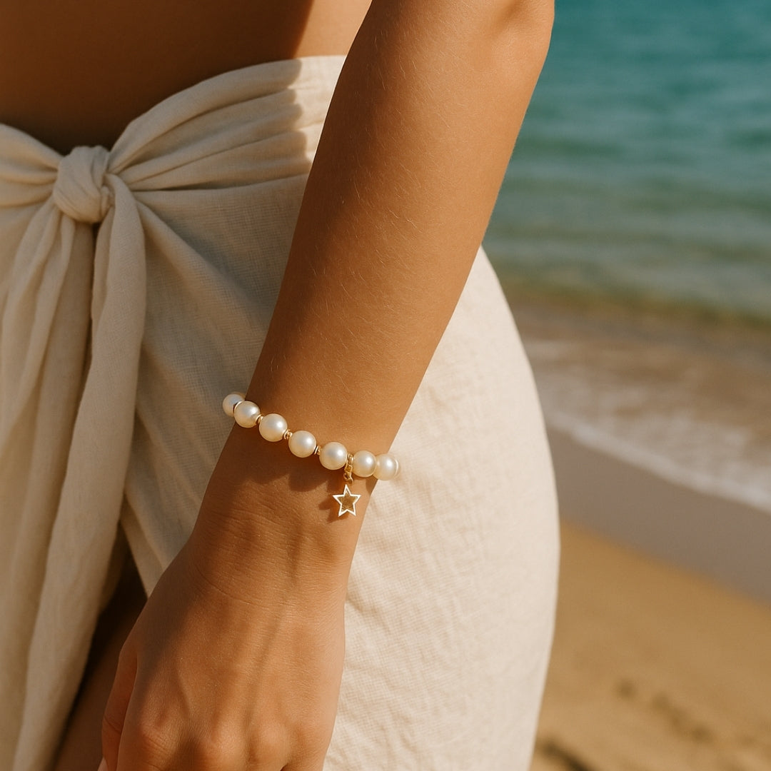 Pearl Charm Bracelet with 8mm genuine pearls - gold star charm a luxury celestial