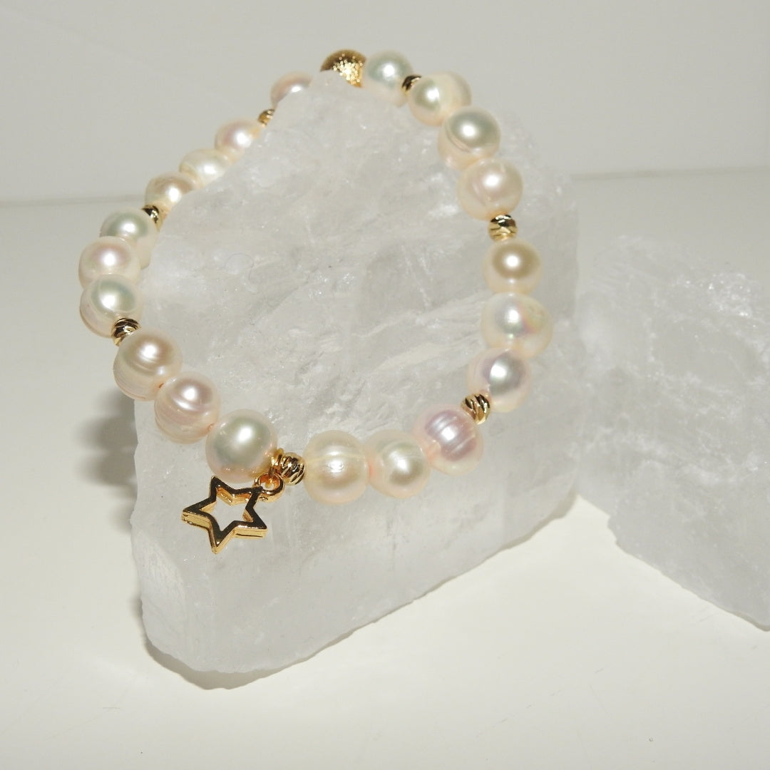 Pearl Charm Bracelet with 8mm genuine pearls - gold star charm a luxury celestial
