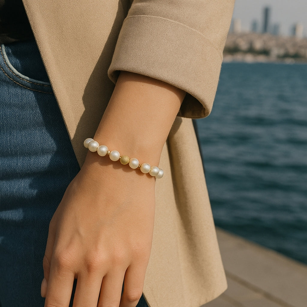 Pearl Charm Bracelet with 8mm genuine pearls - gold star charm a luxury celestial