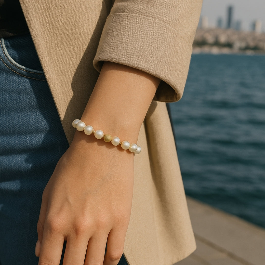 Pearl Charm Bracelet with 8mm genuine pearls - gold star charm a luxury celestial