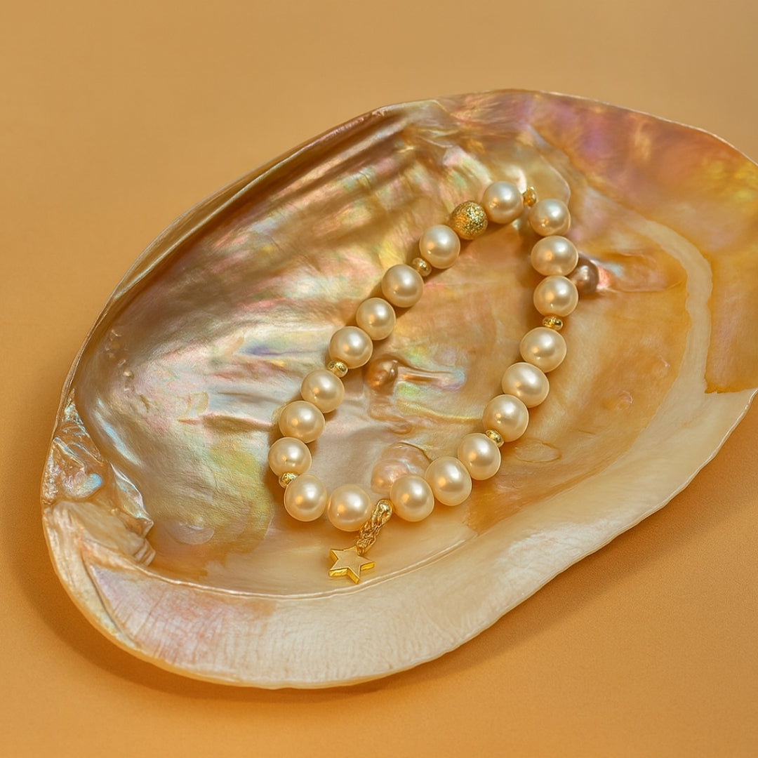 Pearl Charm Bracelet with 8mm genuine pearls - gold star charm a luxury celestial