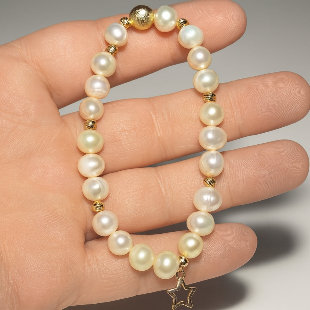 Pearl Charm Bracelet with 8mm genuine pearls - gold star charm a luxury celestial