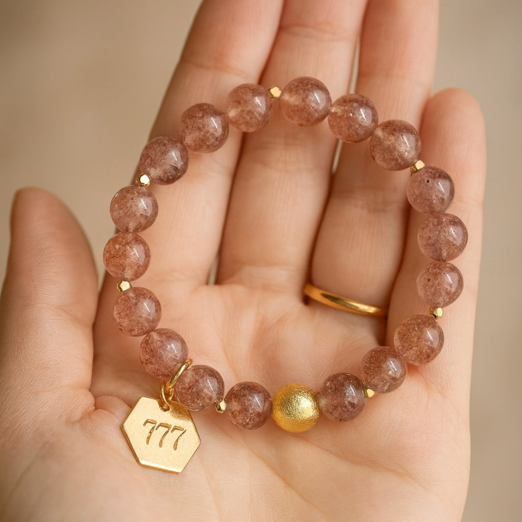 Natural Strawberry Quartz 777 Bracelet 8mm | 18K Gold-Plated Details |