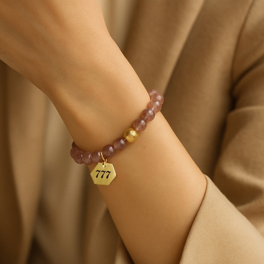 Natural Strawberry Quartz 777 Bracelet 8mm | 18K Gold-Plated Details |