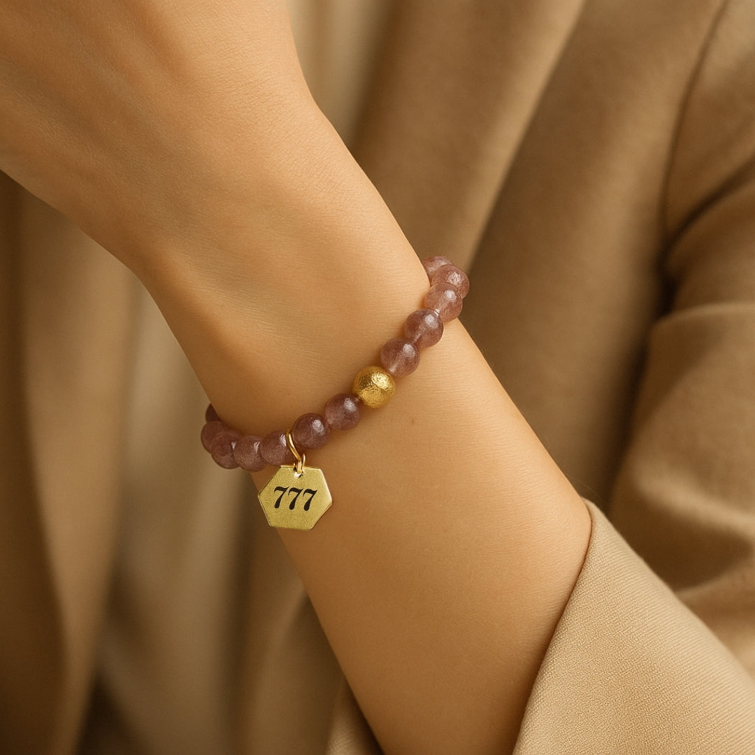 Natural Strawberry Quartz 777 Bracelet 8mm | 18K Gold-Plated Details |