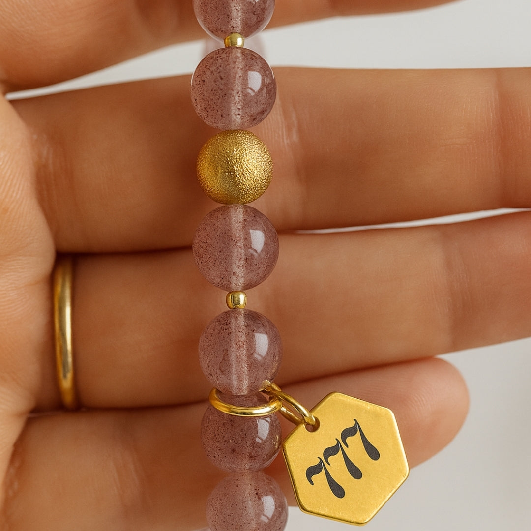 Natural Strawberry Quartz 777 Bracelet 8mm | 18K Gold-Plated Details |