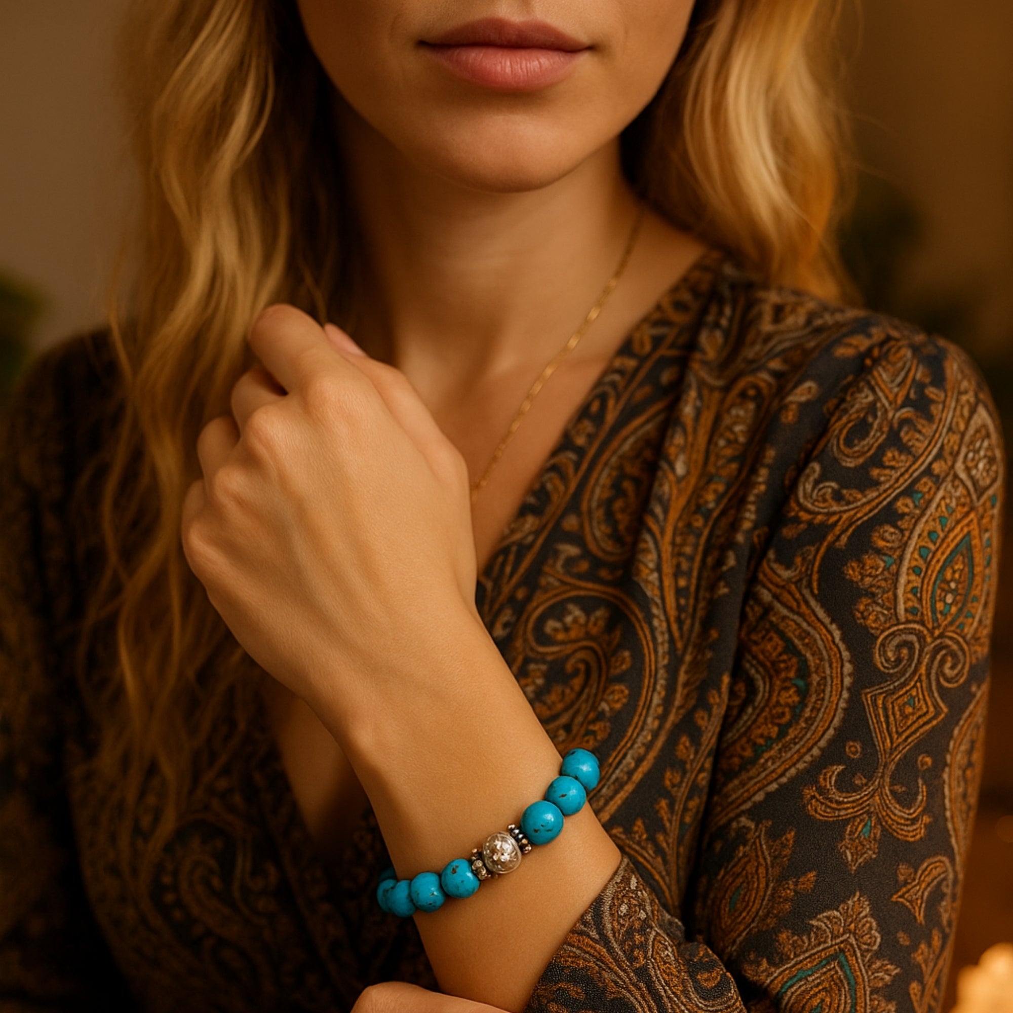 Natural Turquoise Bracelet 10mm Throat Chakra Bohemian Spiritual Jewelry-Protection & Wisdom–Silver Spacer Beads–Celestial Gift for Her