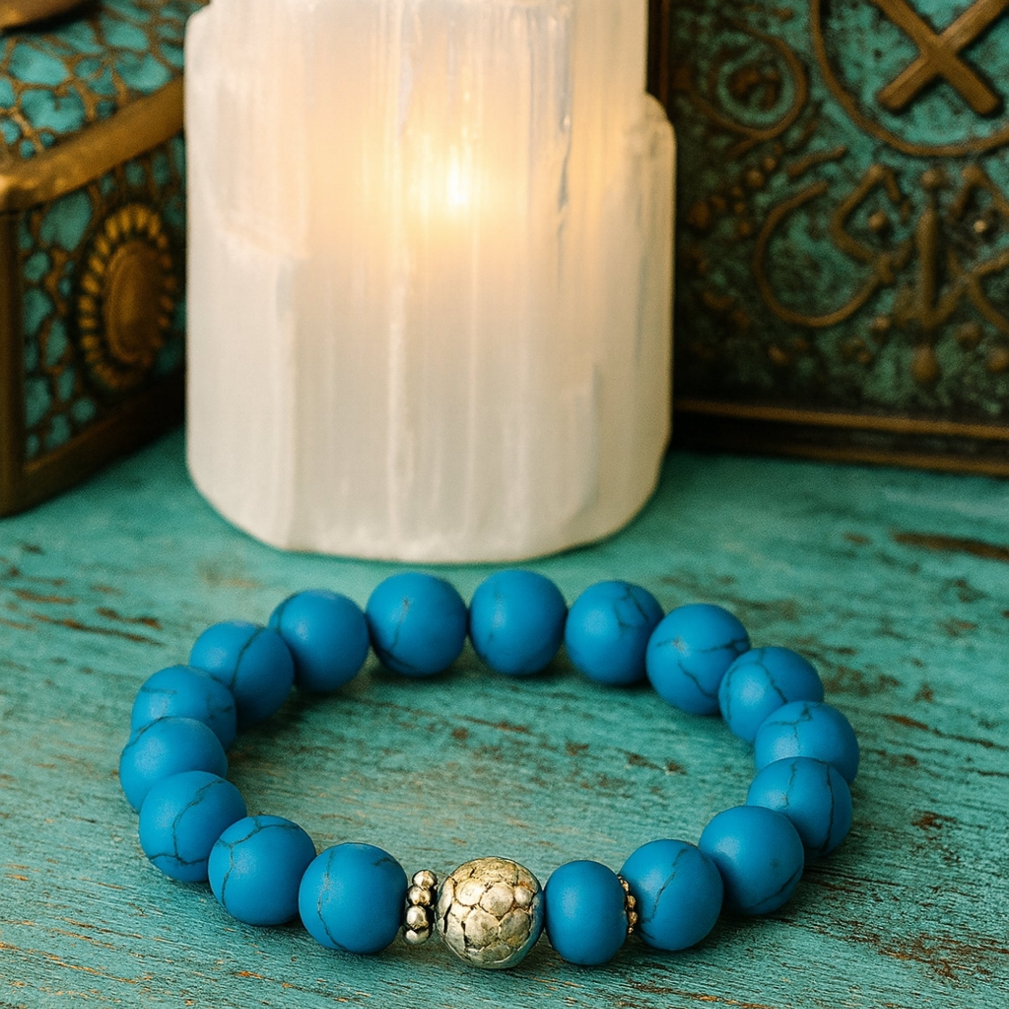 Natural Turquoise Bracelet 10mm Throat Chakra Bohemian Spiritual Jewelry-Protection & Wisdom–Silver Spacer Beads–Celestial Gift for Her