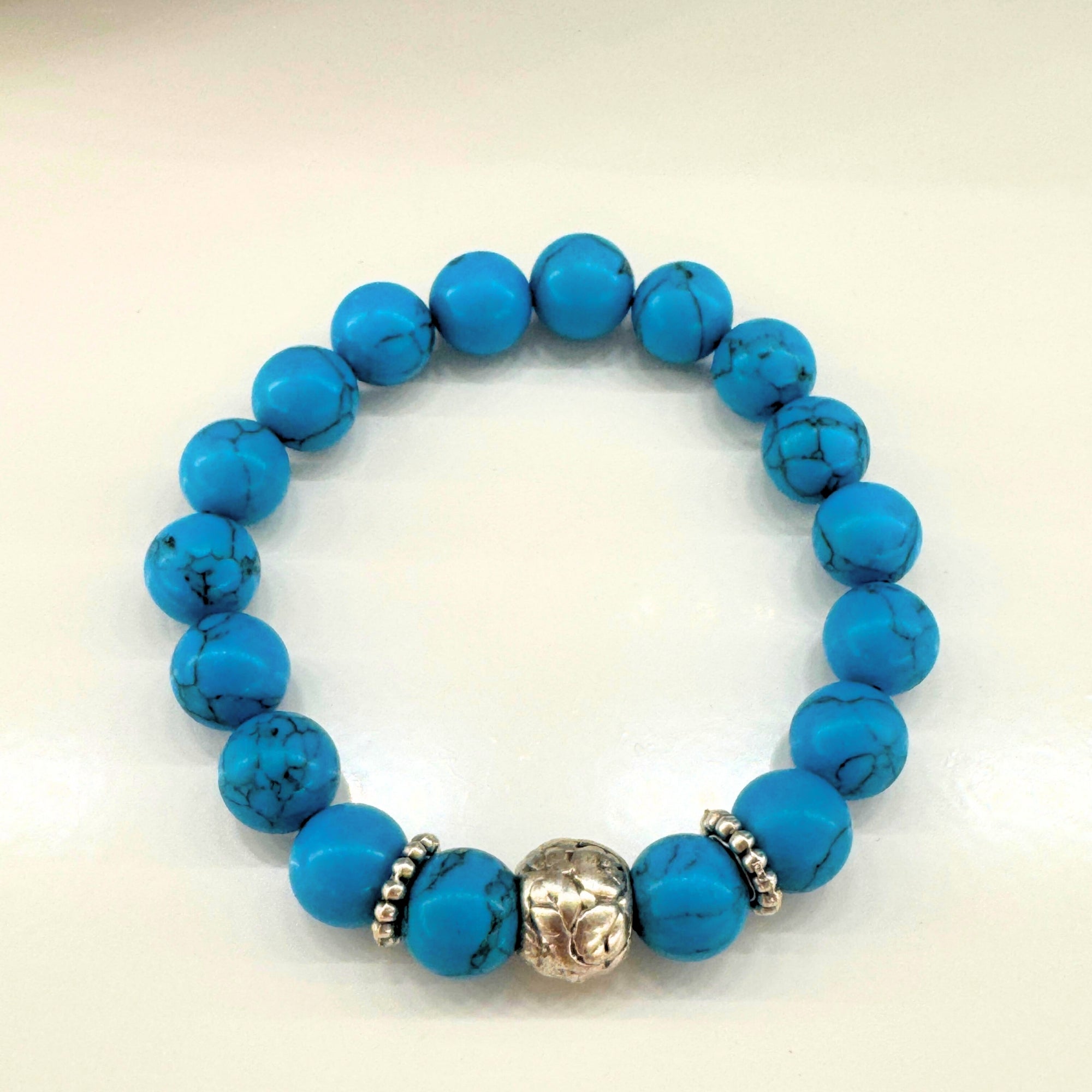 Natural Turquoise Bracelet 10mm Throat Chakra Bohemian Spiritual Jewelry-Protection & Wisdom–Silver Spacer Beads–Celestial Gift for Her