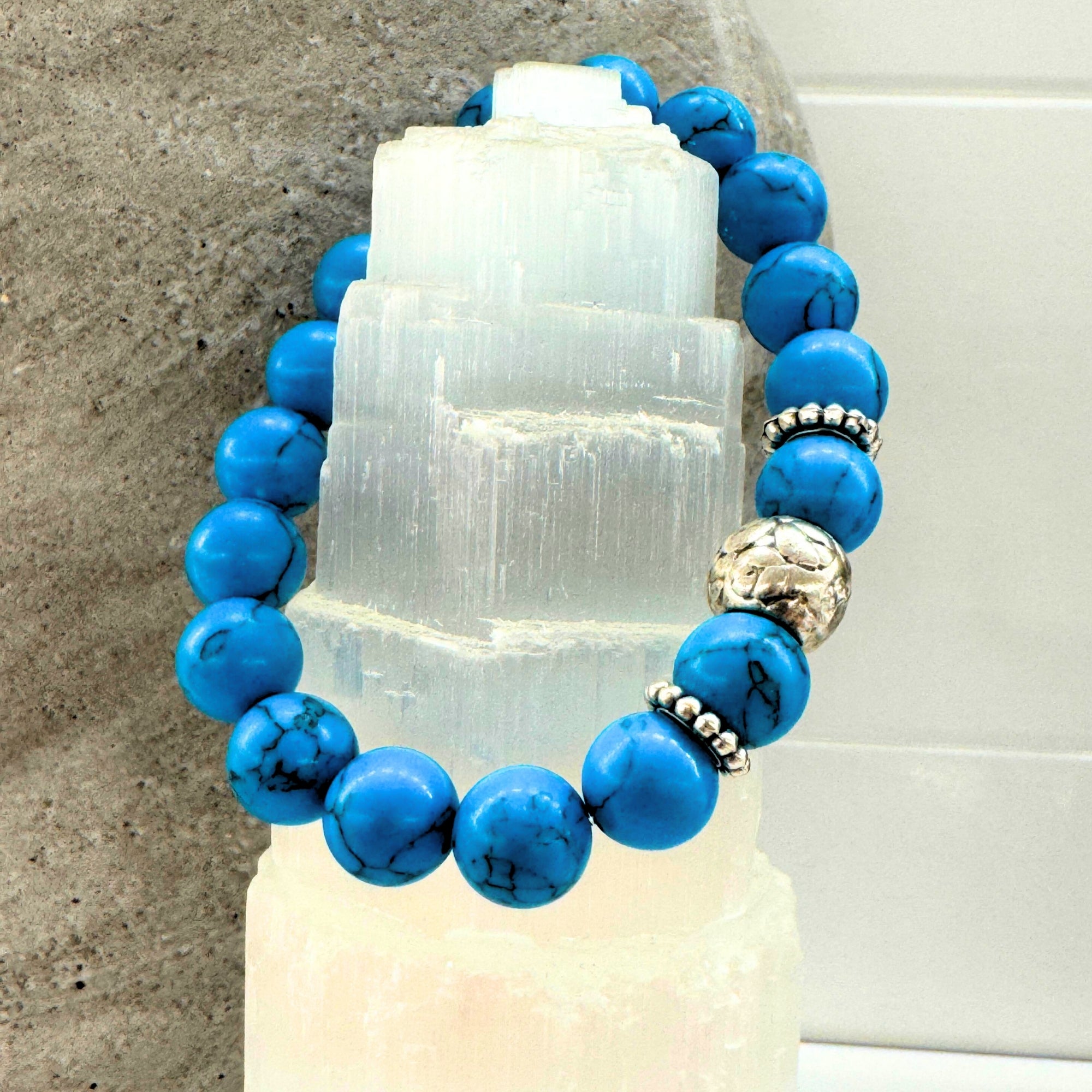 Natural Turquoise Bracelet 10mm Throat Chakra Bohemian Spiritual Jewelry-Protection & Wisdom–Silver Spacer Beads–Celestial Gift for Her