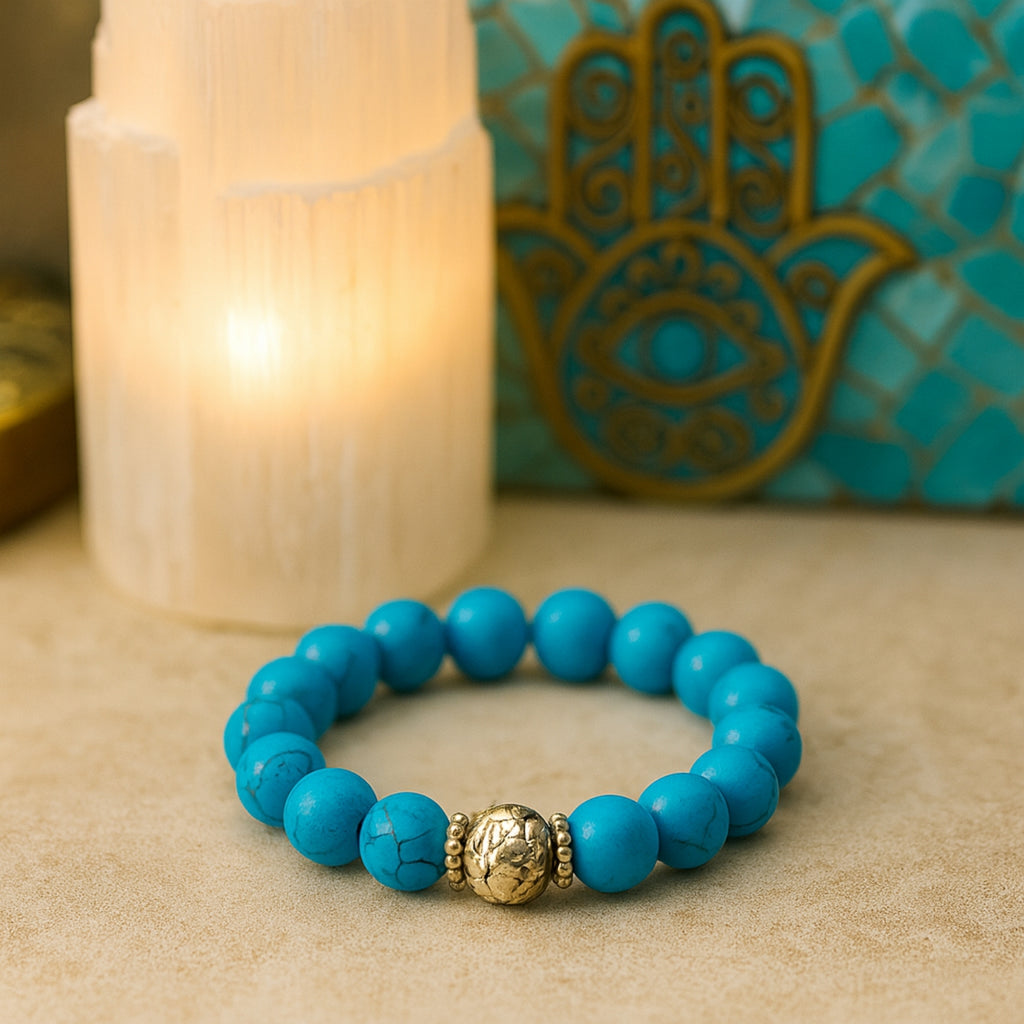 Natural Turquoise Bracelet 10mm Throat Chakra Bohemian Spiritual Jewelry-Protection & Wisdom–Silver Spacer Beads–Celestial Gift for Her