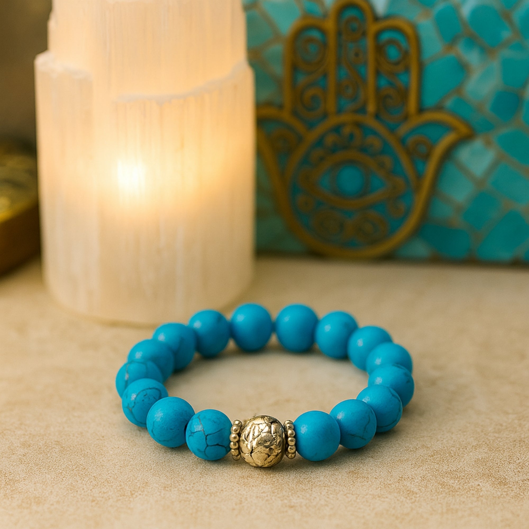 Natural Turquoise Bracelet 10mm Throat Chakra Bohemian Spiritual Jewelry-Protection & Wisdom–Silver Spacer Beads–Celestial Gift for Her