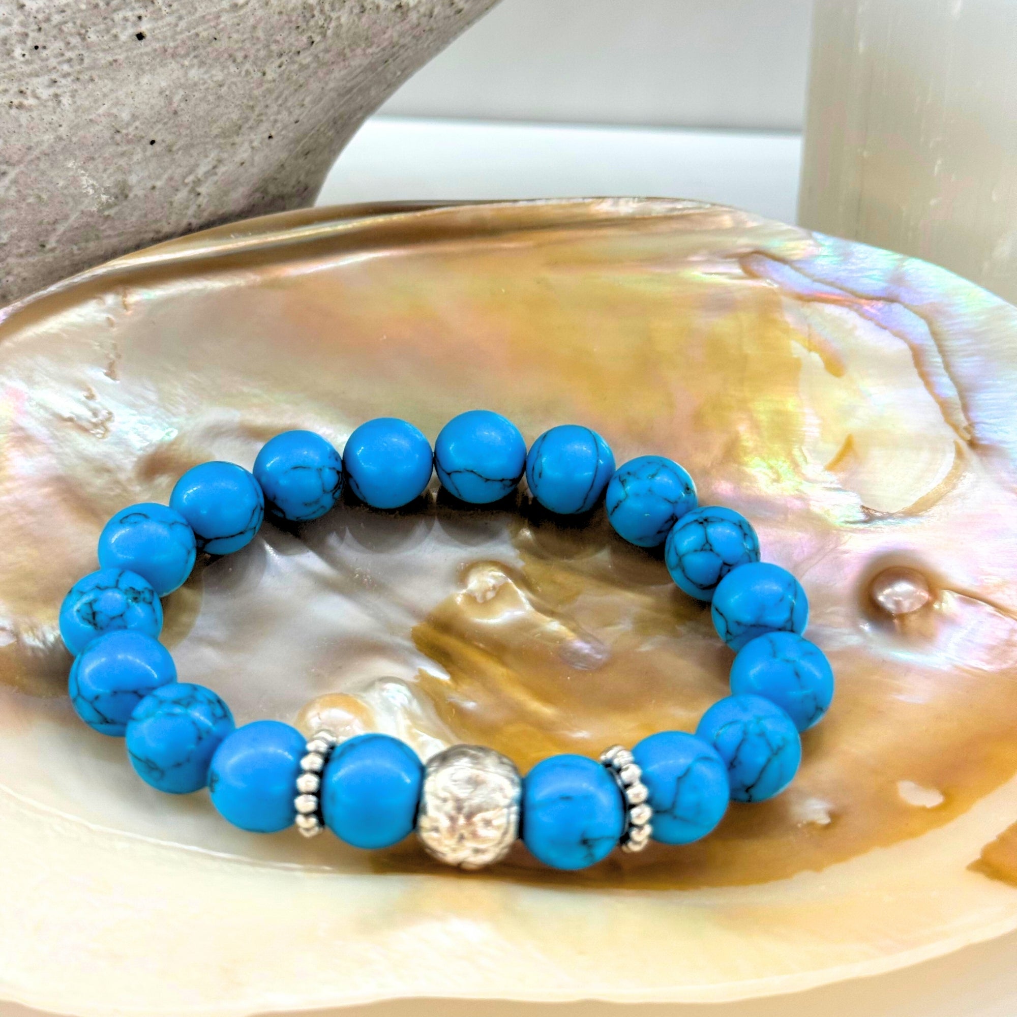 Natural Turquoise Bracelet 10mm Throat Chakra Bohemian Spiritual Jewelry-Protection & Wisdom–Silver Spacer Beads–Celestial Gift for Her
