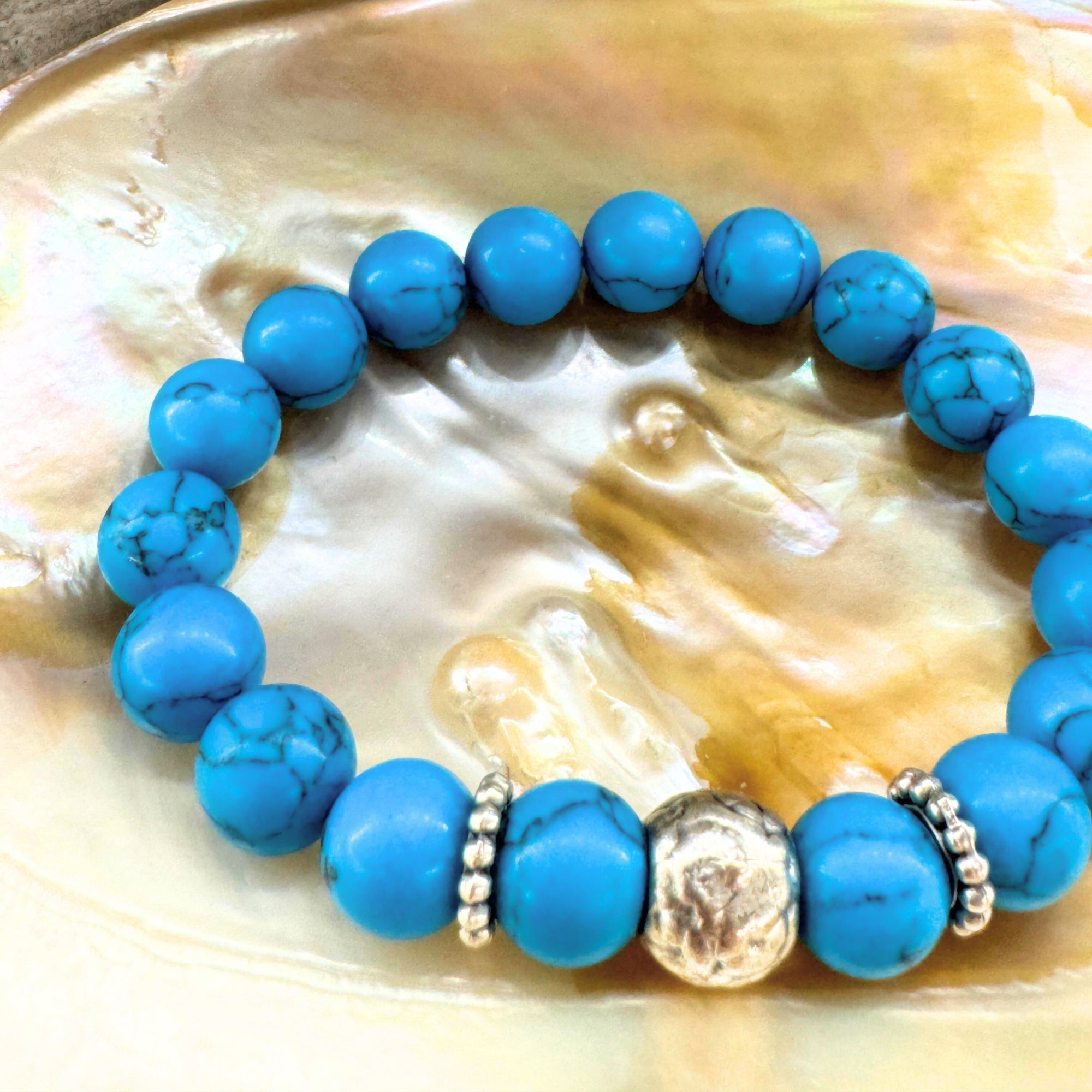 Natural Turquoise Bracelet 10mm Throat Chakra Bohemian Spiritual Jewelry-Protection & Wisdom–Silver Spacer Beads–Celestial Gift for Her