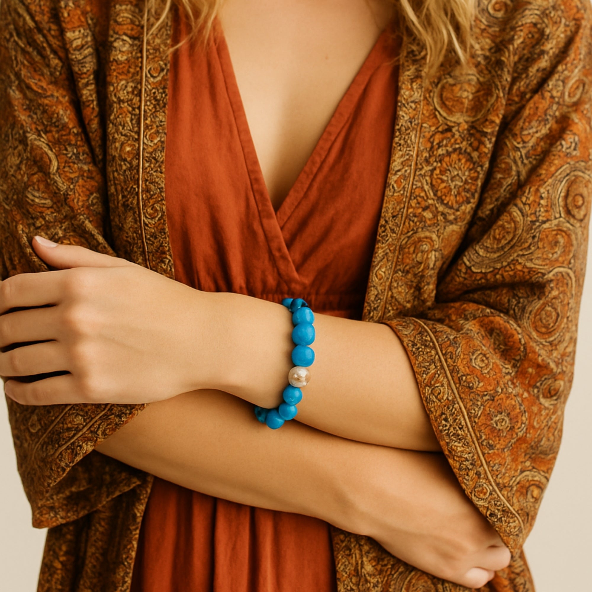 Natural Turquoise Bracelet 10mm Throat Chakra Bohemian Spiritual Jewelry-Protection & Wisdom–Silver Spacer Beads–Celestial Gift for Her