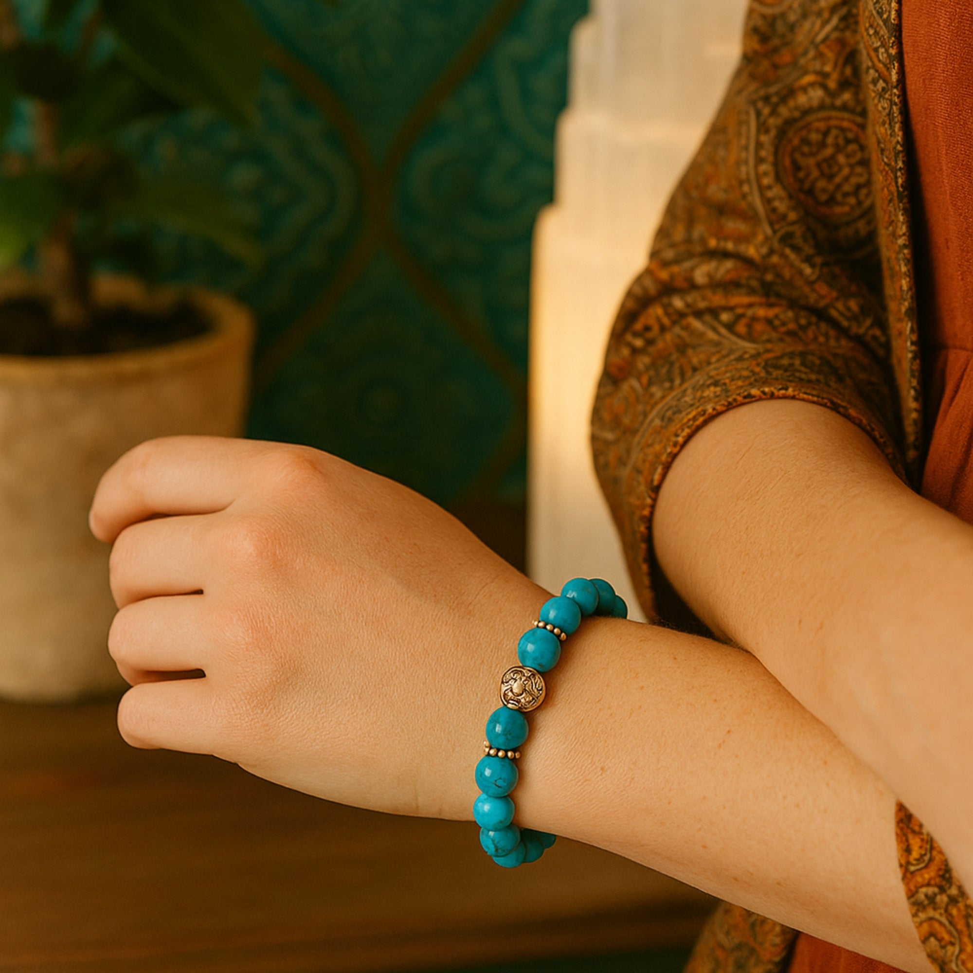 Natural Turquoise Bracelet 10mm Throat Chakra Bohemian Spiritual Jewelry-Protection & Wisdom–Silver Spacer Beads–Celestial Gift for Her