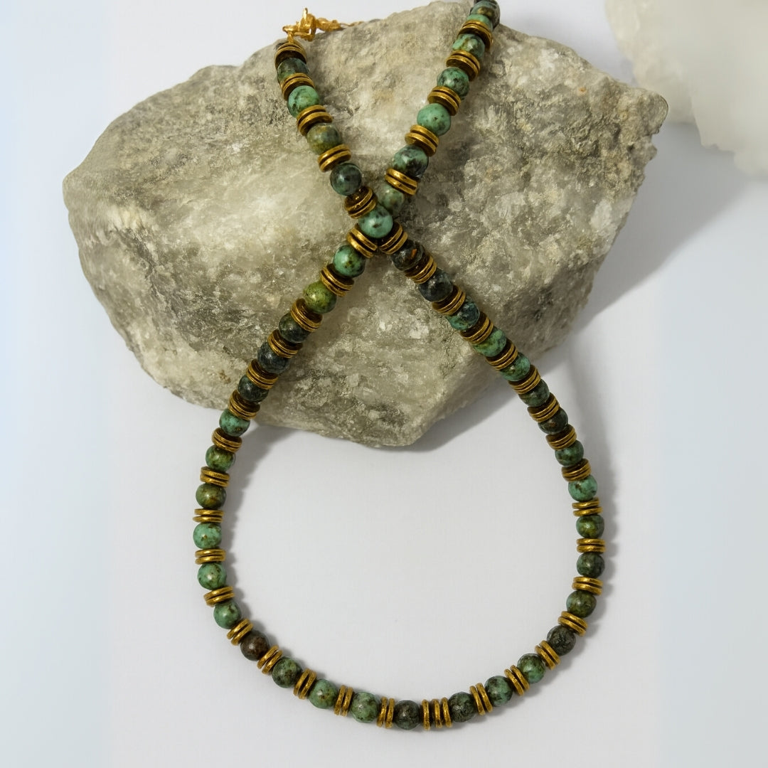 African Turquoise & Hematite Necklace 6mm | Handmade Spiritual Gift