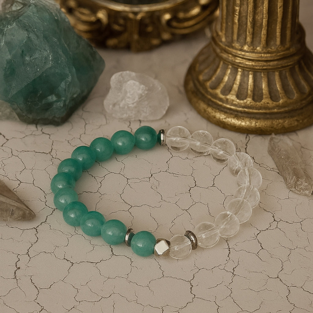 Amazonite Clarity Bracelet 8mm AAA Natural Amazonite Clear Quartz Hematite