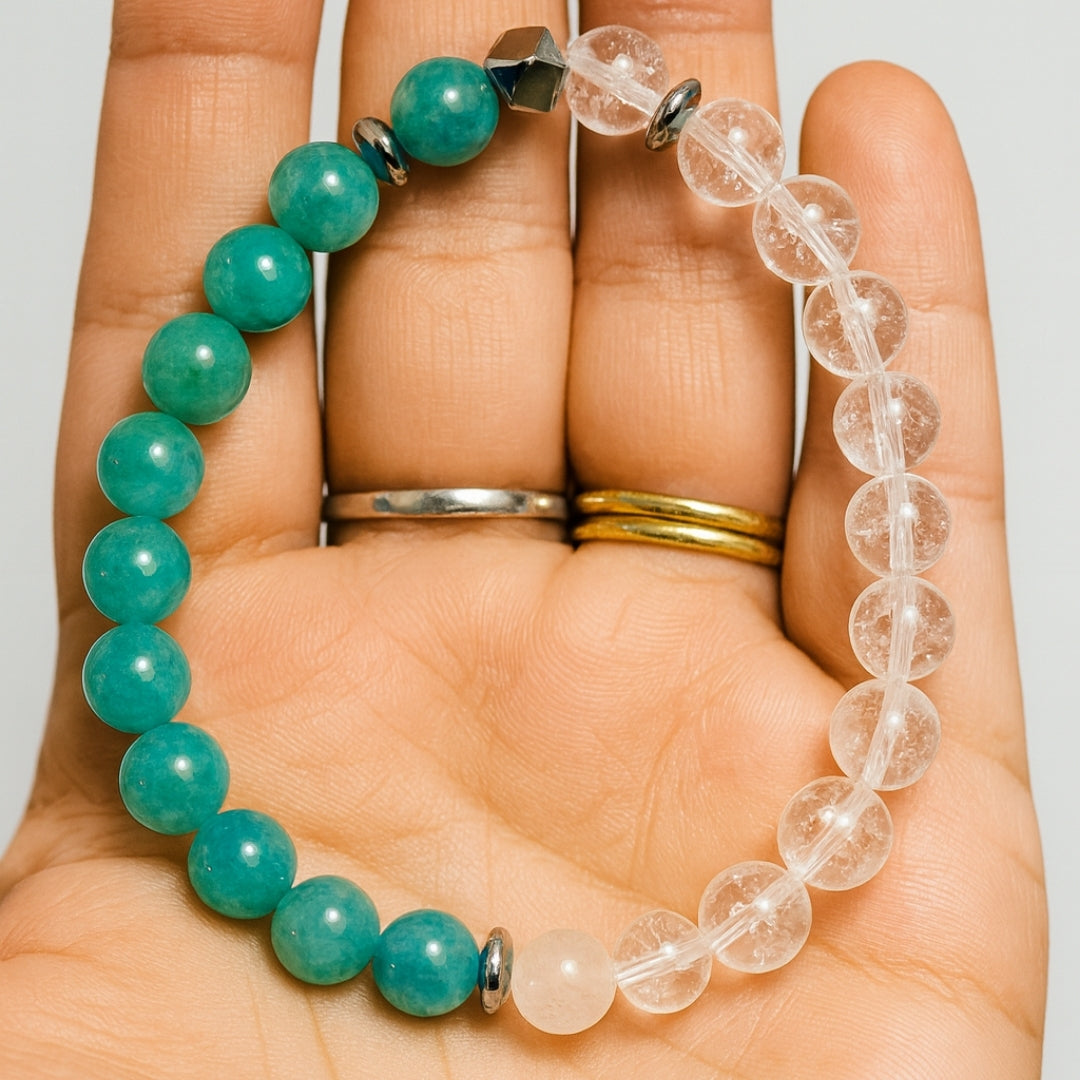 Amazonite Clarity Bracelet 8mm AAA Natural Amazonite Clear Quartz Hematite