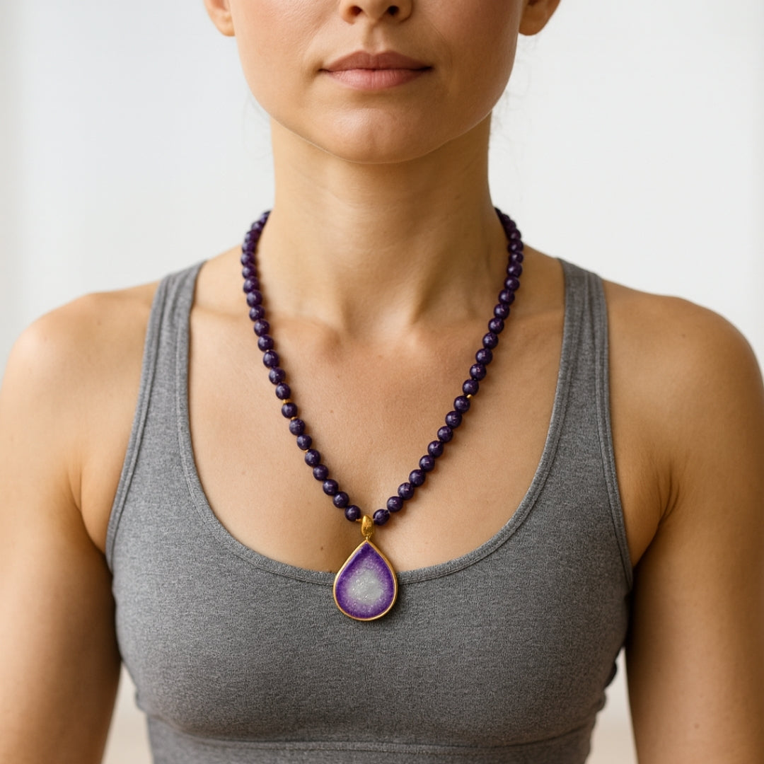 Get this 8mm Amethyst Agate Necklace to attract good fortune and mental strength. Buy this 18K Gold Plated Jewelry for sensitive skin and a sophisticated look. Shop this Stress Relief Jewelry to stay centered during busy days. Order this February Birthstone accessory for its legendary protection and luck. Choose this High Vibration Crystal for its powerful healing properties. Purchase this Personal Power necklace to boost your intuition. Select this Real Stone jewelry.