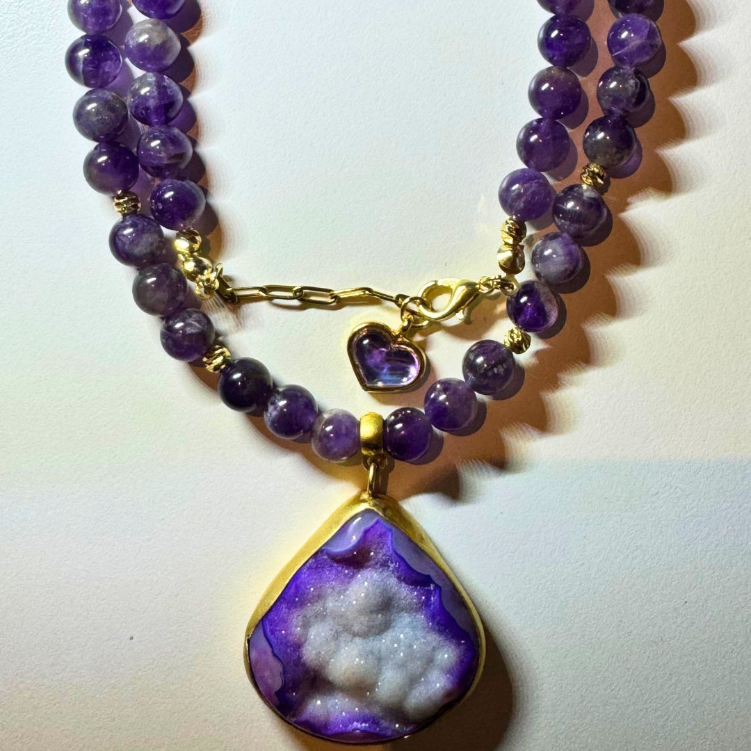 Amethyst Druzy Agate Necklace 8 mm | Healing Crystal Jewelry for Clarity, Protection & Cosmic Balance | Copper Starfire Collection