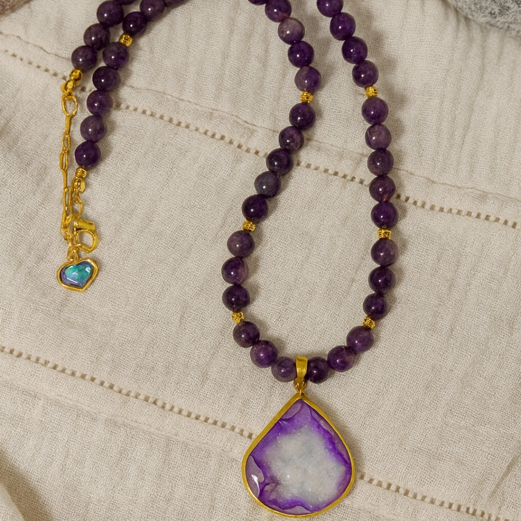 Amethyst Druzy Agate Necklace 8 mm | Healing Crystal Jewelry for Clarity, Protection & Cosmic Balance | Copper Starfire Collection