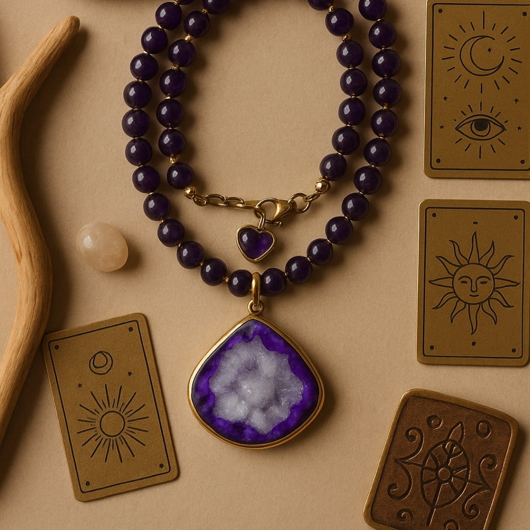 Amethyst Druzy Agate Necklace 8 mm | Healing Crystal Jewelry for Clarity, Protection & Cosmic Balance | Copper Starfire Collection