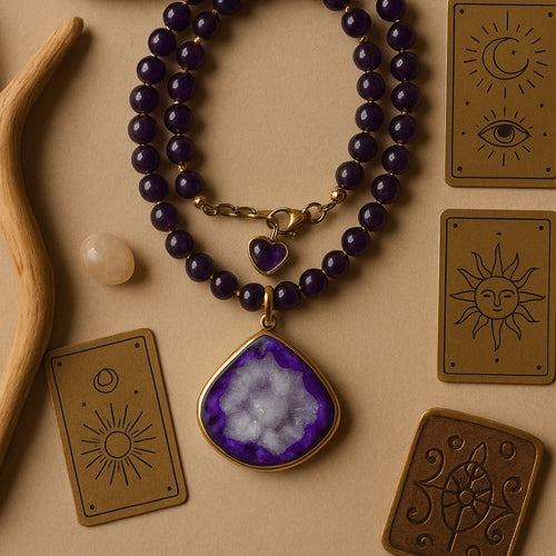 Amethyst Druzy Agate Necklace 8 mm | Healing Crystal Jewelry for Clarity, Protection & Cosmic Balance | Copper Starfire Collection