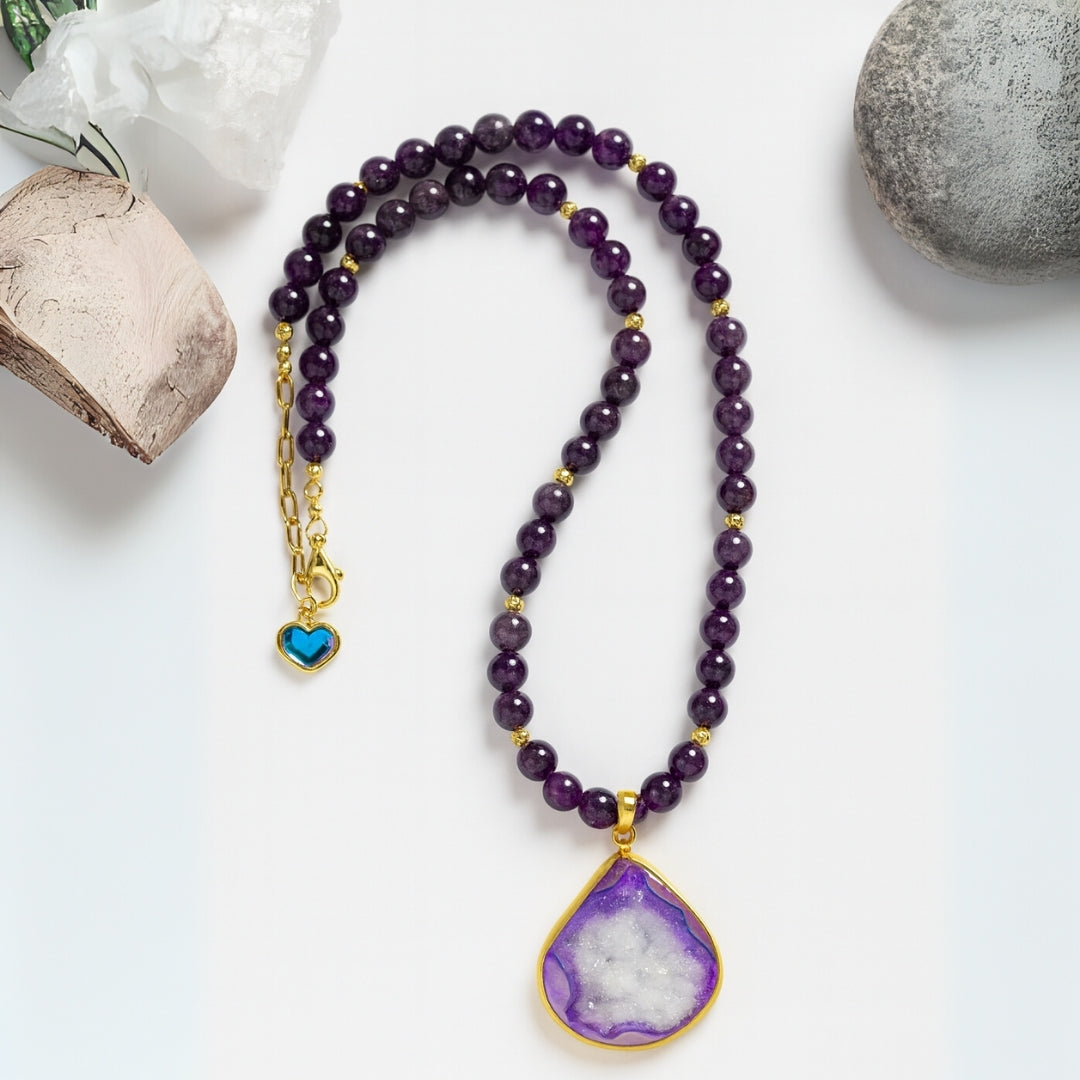 Amethyst Druzy Agate Necklace 8 mm | Healing Crystal Jewelry for Clarity, Protection & Cosmic Balance | Copper Starfire Collection