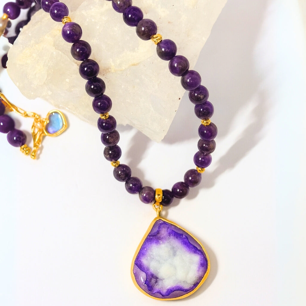 Amethyst Druzy Agate Necklace 8 mm | Healing Crystal Jewelry for Clarity, Protection & Cosmic Balance | Copper Starfire Collection