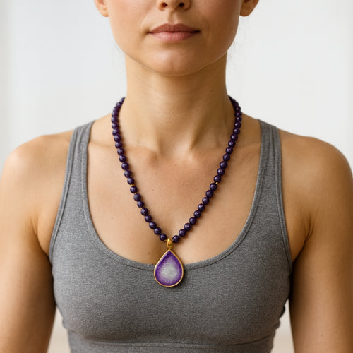 Amethyst Druzy Agate Necklace 8 mm | Healing Crystal Jewelry for Clarity, Protection & Cosmic Balance | Copper Starfire Collection