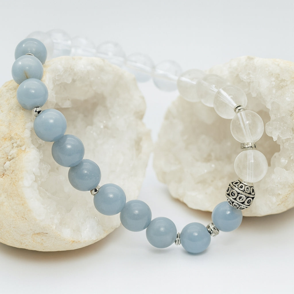 Angelite Clear Quartz Bracelet | Chakra Balance Spiritual Bracelet | Celestara Veil