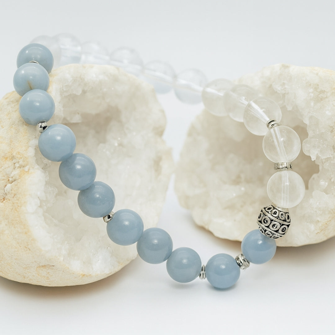 Angelite Clear Quartz Bracelet | Chakra Balance Spiritual Bracelet | Celestara Veil