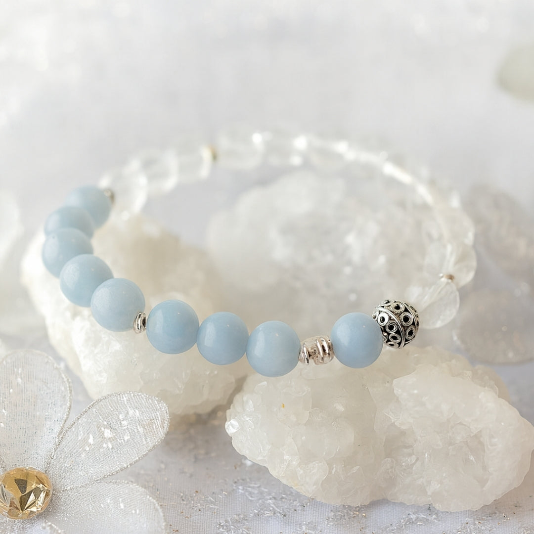 Angelite Clear Quartz Bracelet | Chakra Balance Spiritual Bracelet | Celestara Veil