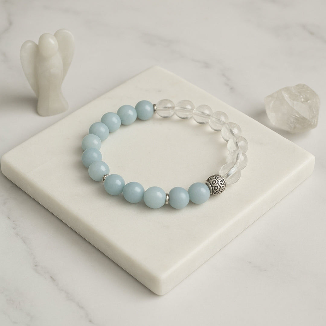 Angelite Clear Quartz Bracelet | Chakra Balance Spiritual Bracelet | Celestara Veil