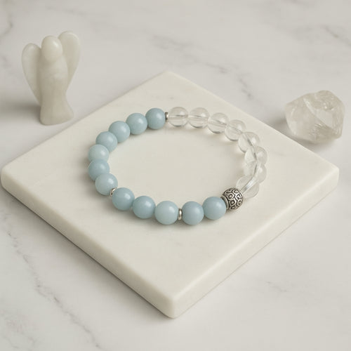 Angelite Clear Quartz Bracelet | Chakra Balance Spiritual Bracelet | Celestara Veil