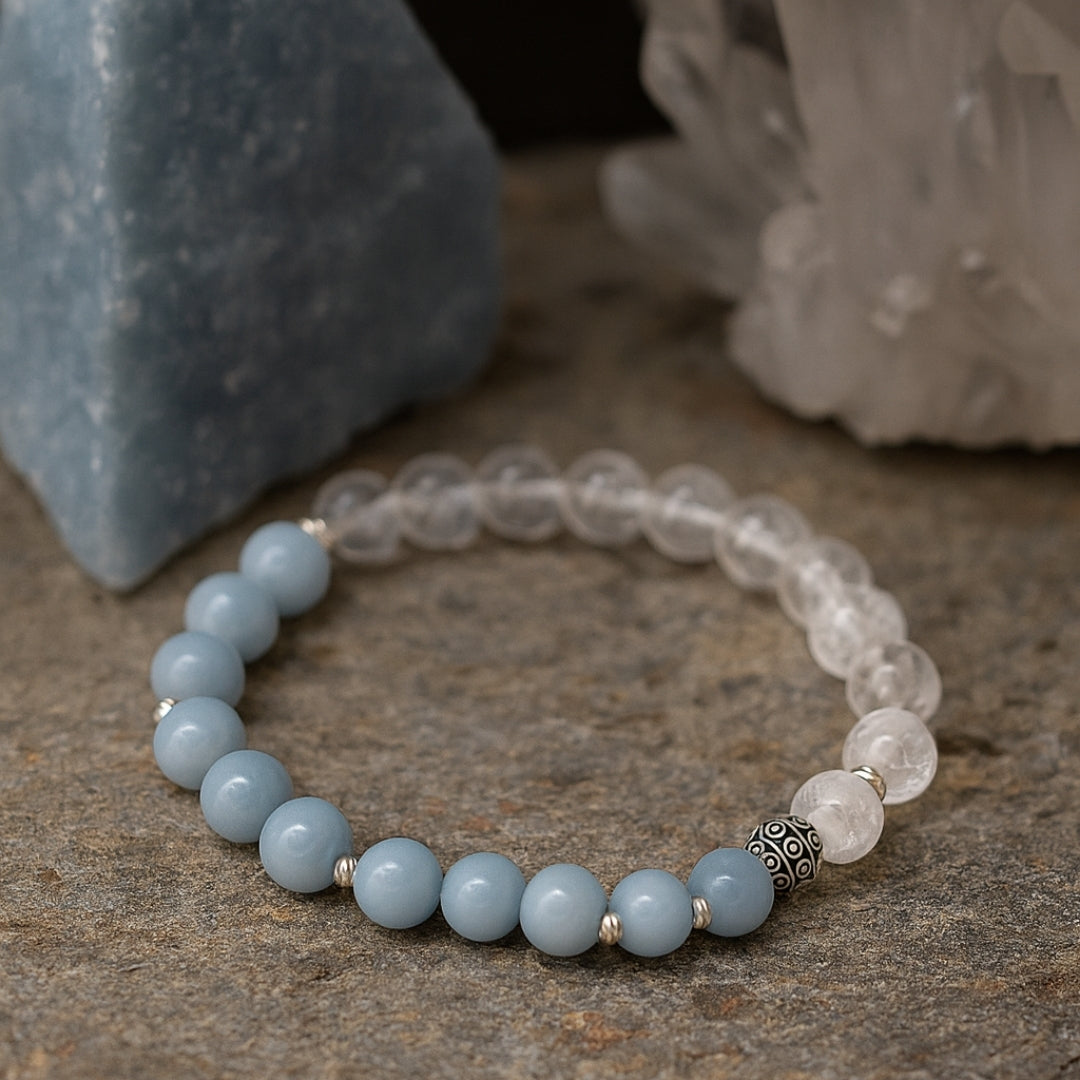 Angelite Clear Quartz Bracelet | Chakra Balance Spiritual Bracelet | Celestara Veil