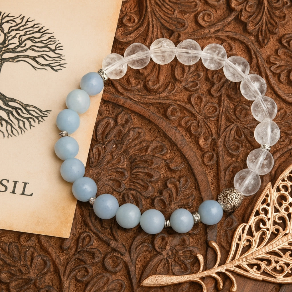Angelite Clear Quartz Bracelet | Chakra Balance Spiritual Bracelet | Celestara Veil