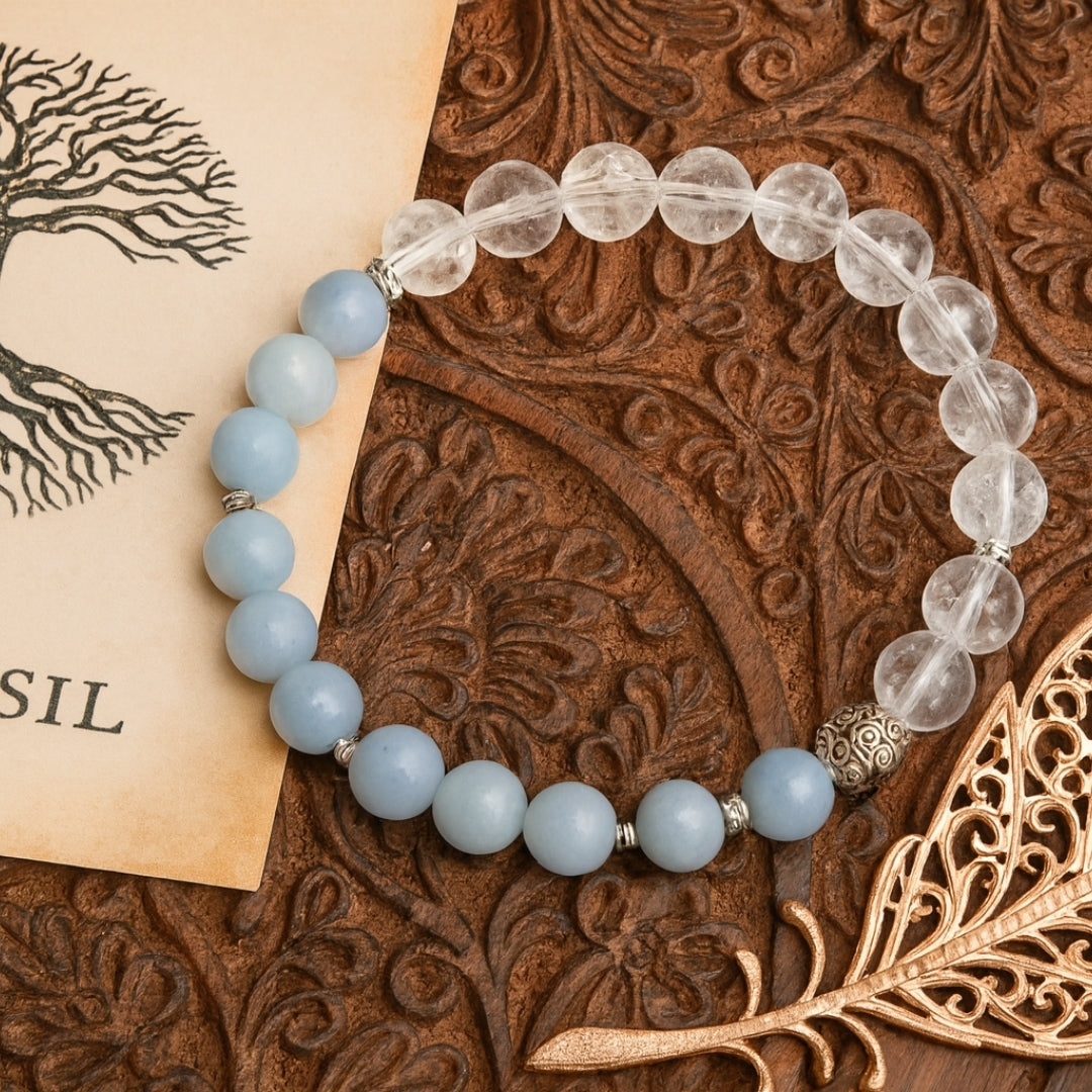 Angelite Clear Quartz Bracelet | Chakra Balance Spiritual Bracelet | Celestara Veil
