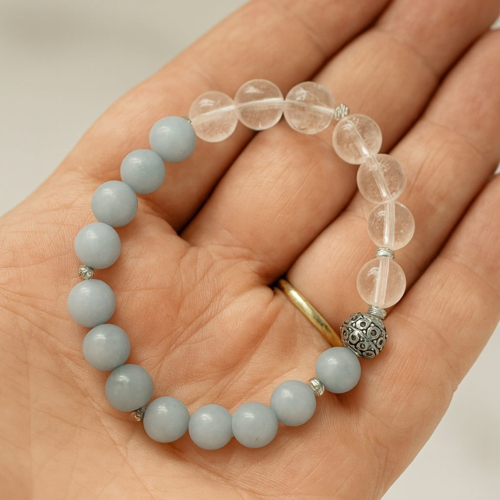 Angelite Clear Quartz Bracelet | Chakra Balance Spiritual Bracelet | Celestara Veil