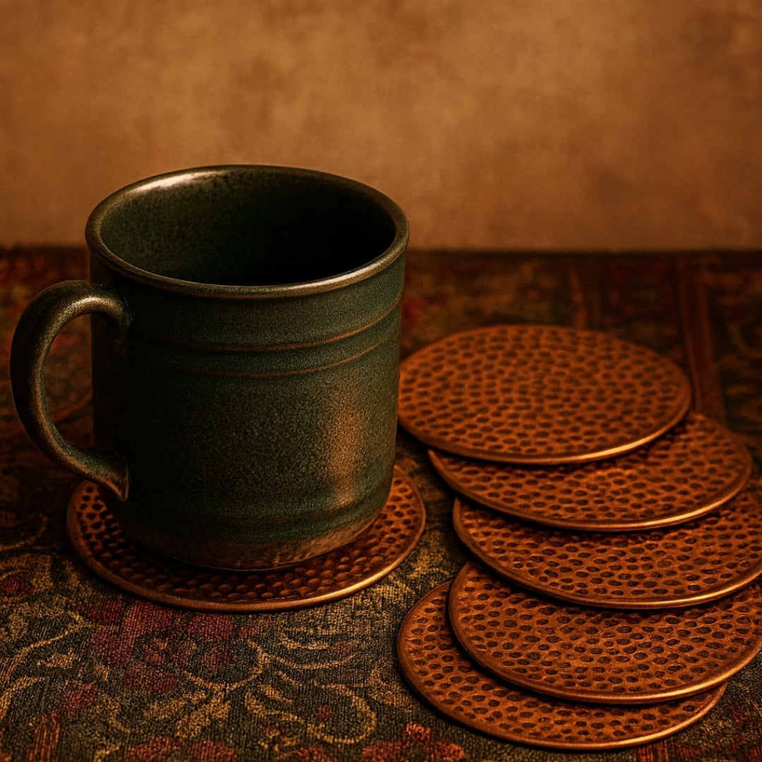 Authentic Turkish Copper Coaster Set | Handmade Hammered Coasters (6 pcs) | Rustic Anatolian Drinkware & Timeless Home Gift Decor