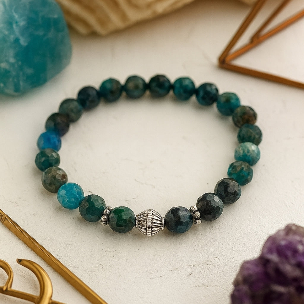 Blue Apatite Bracelet 8mm Natural Faceted Teal Gemstone | 925 Silver |