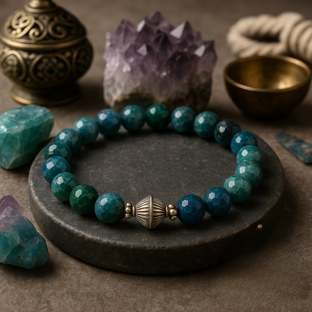 Blue Apatite Bracelet 8mm Natural Faceted Teal Gemstone | 925 Silver |