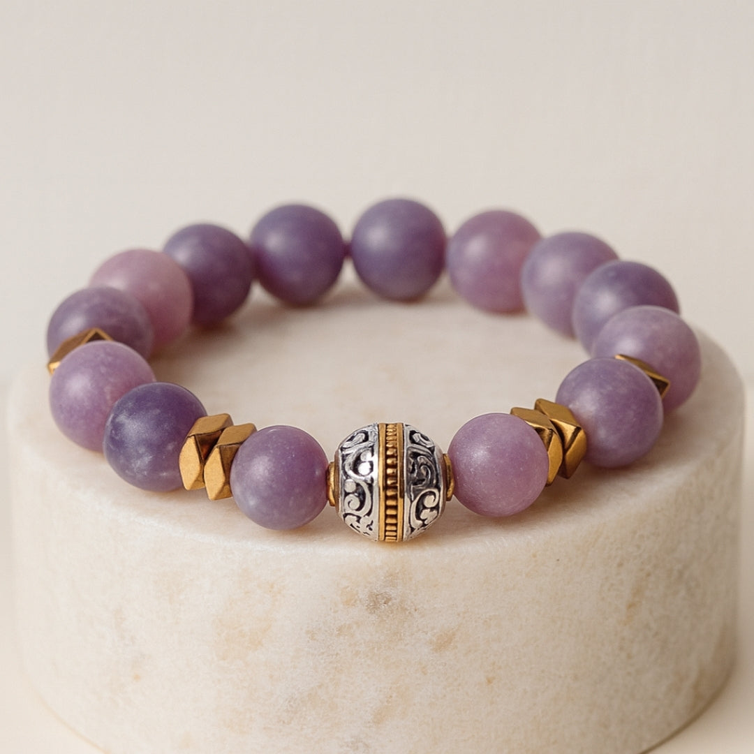 Lepidolite Bracelet 10 mm | Healing Crystal Jewelry for Serenity, Balance, Wrinkle Healing & Youth | Aurum Lyris Collection|Nivalis Talisman