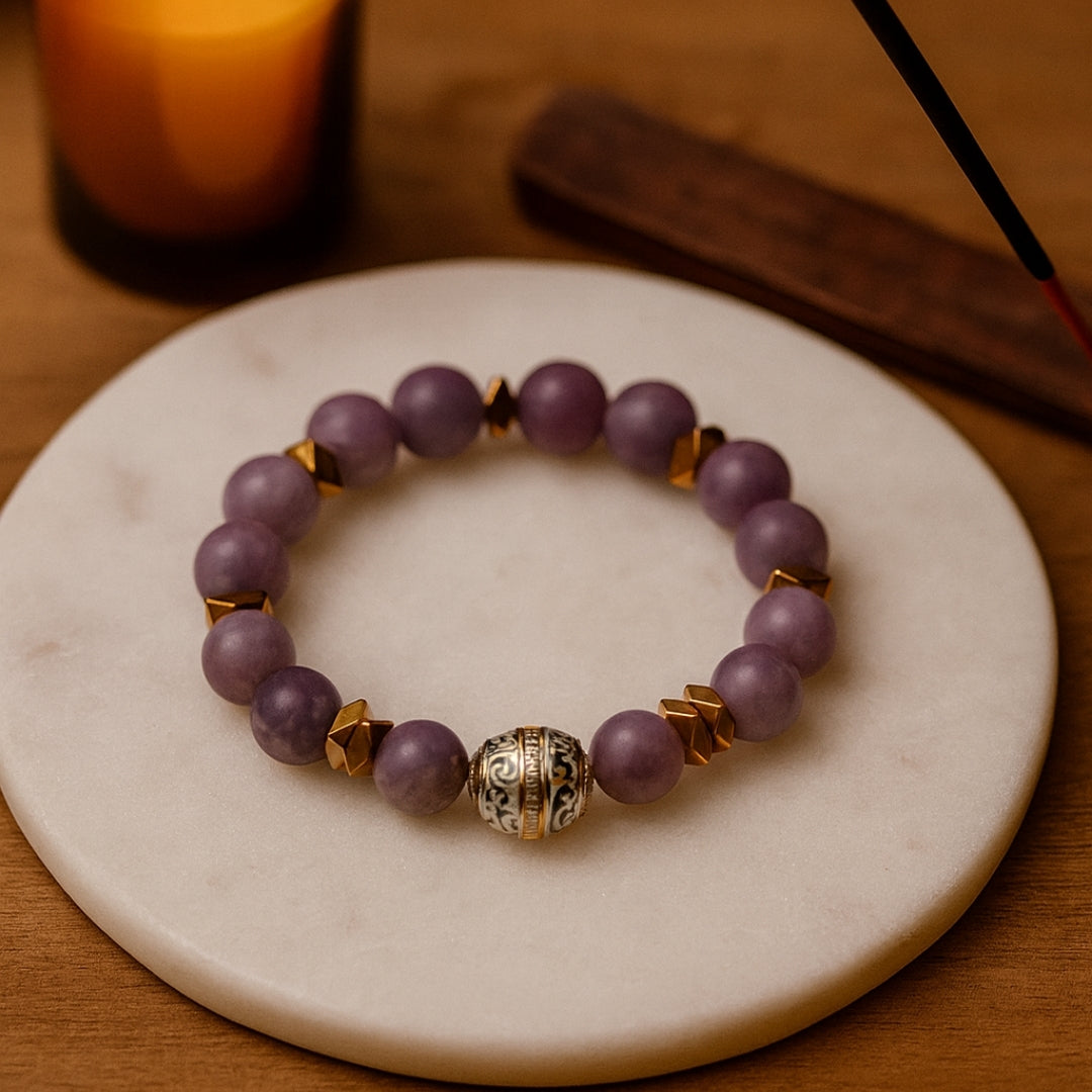 Lepidolite Bracelet 10 mm | Healing Crystal Jewelry for Serenity, Balance, Wrinkle Healing & Youth | Aurum Lyris Collection|Nivalis Talisman