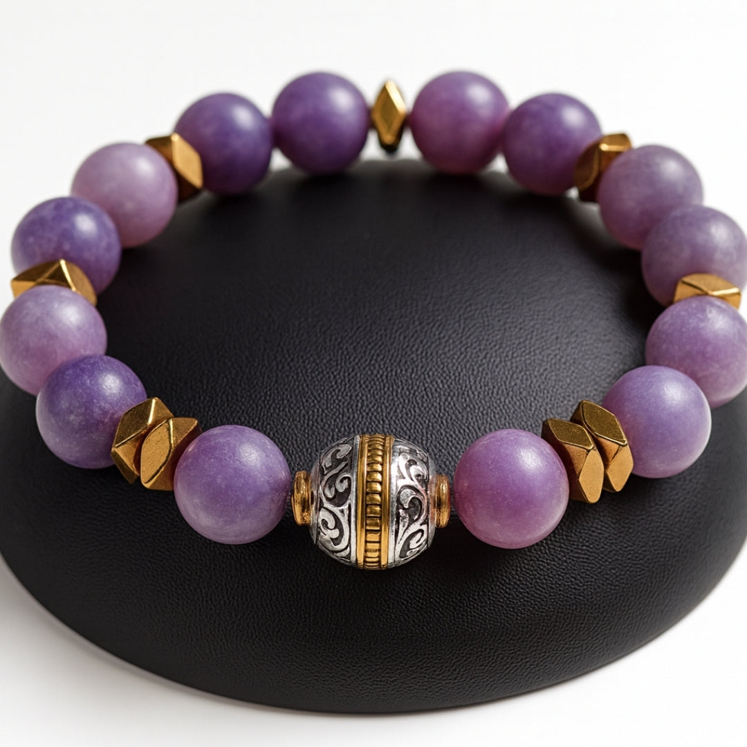 Lepidolite Bracelet 10 mm | Healing Crystal Jewelry for Serenity, Balance, Wrinkle Healing & Youth | Aurum Lyris Collection|Nivalis Talisman