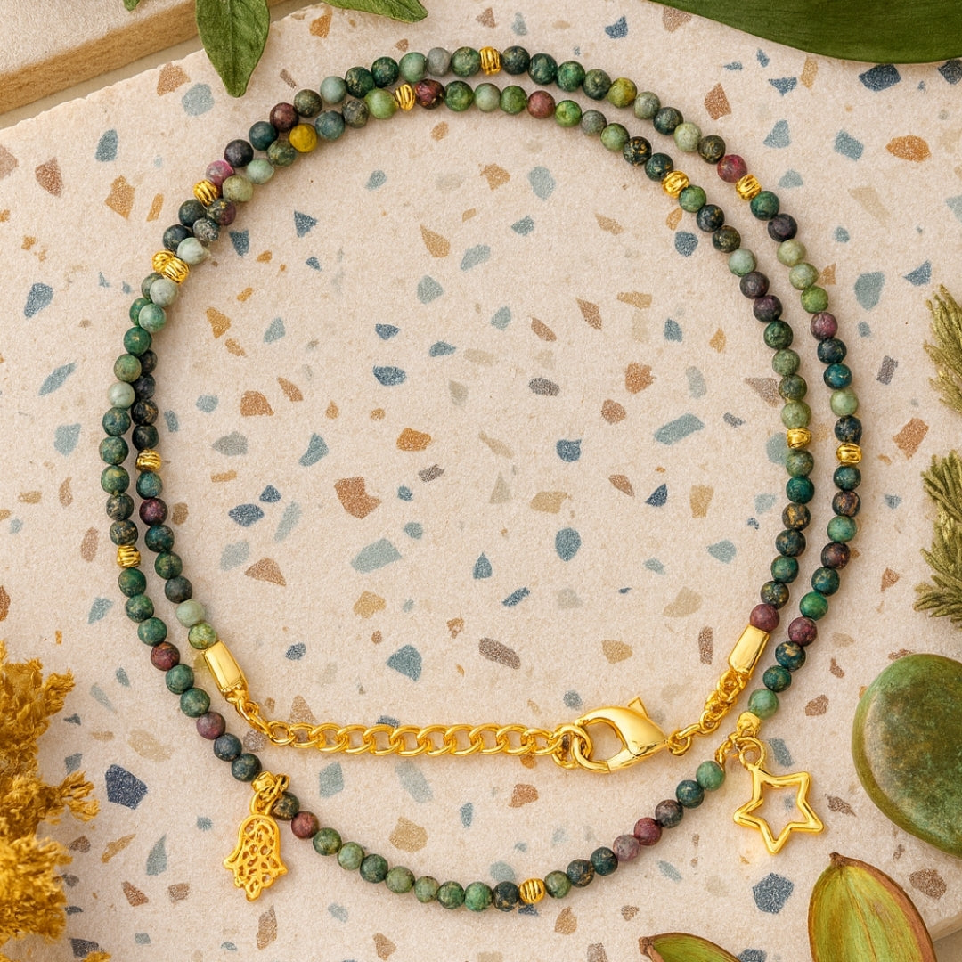 Chrysoprase Necklace 3 mm Faceted |Hamsa Star Talisman