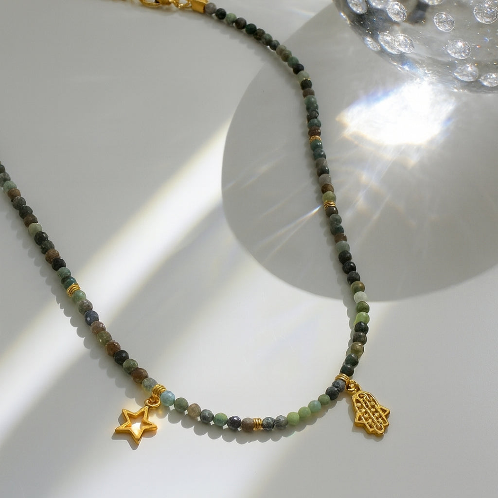 Chrysoprase Necklace 3 mm Faceted |Hamsa Star Talisman