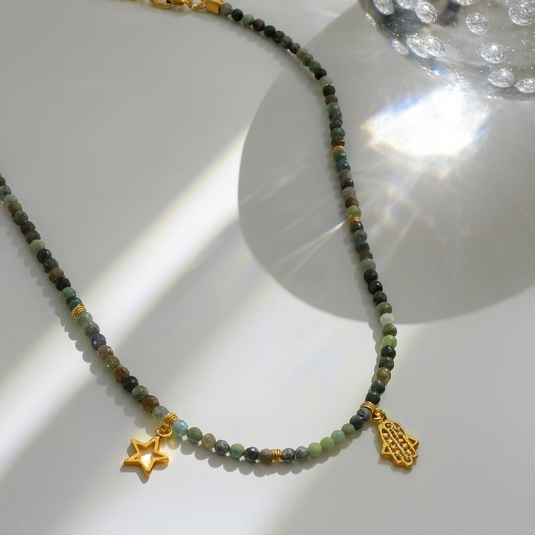 Chrysoprase Necklace 3 mm Faceted |Hamsa Star Talisman