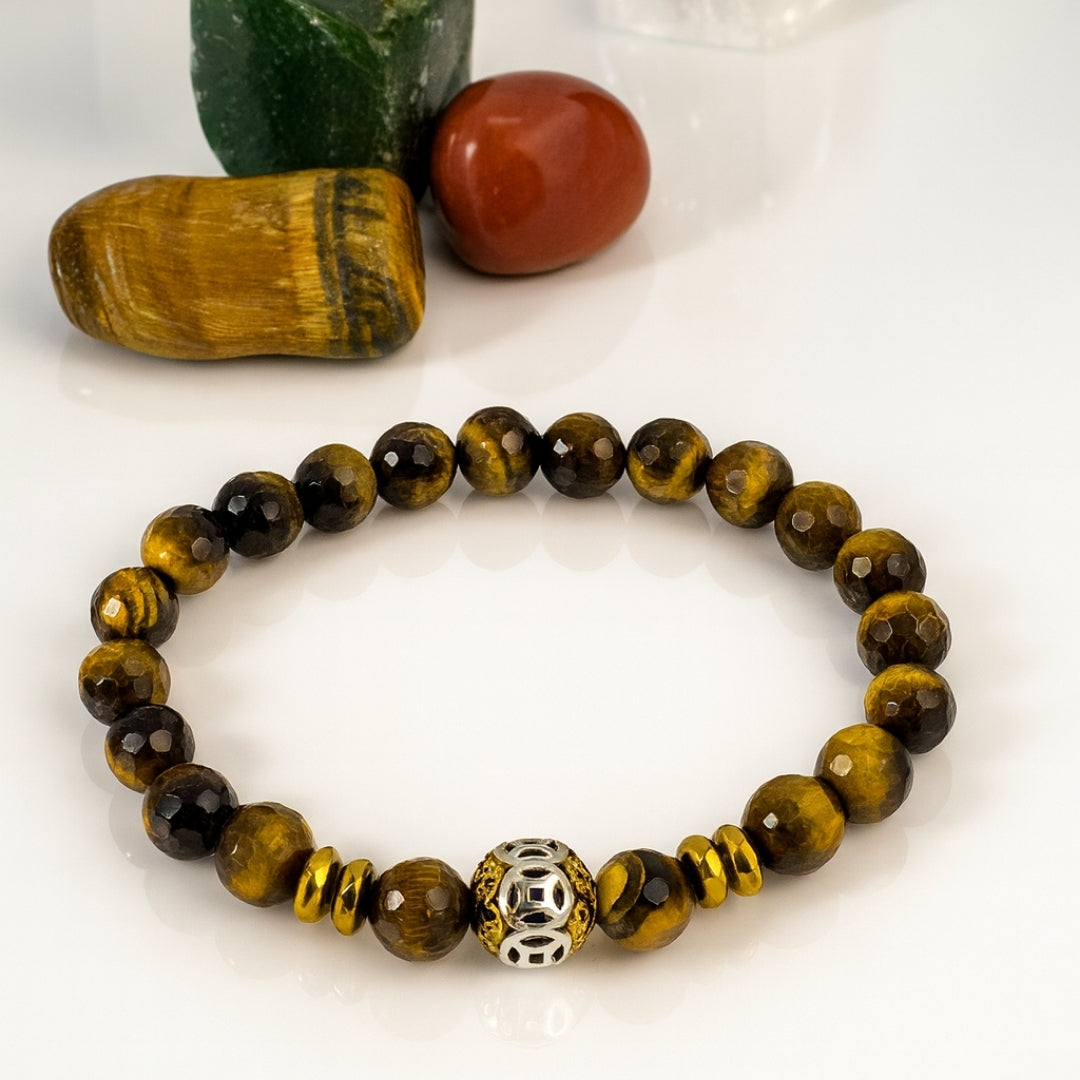 Tiger Eye Bracelet 8mm Faceted with Hematite |Gift for Men & Women EMF Shield